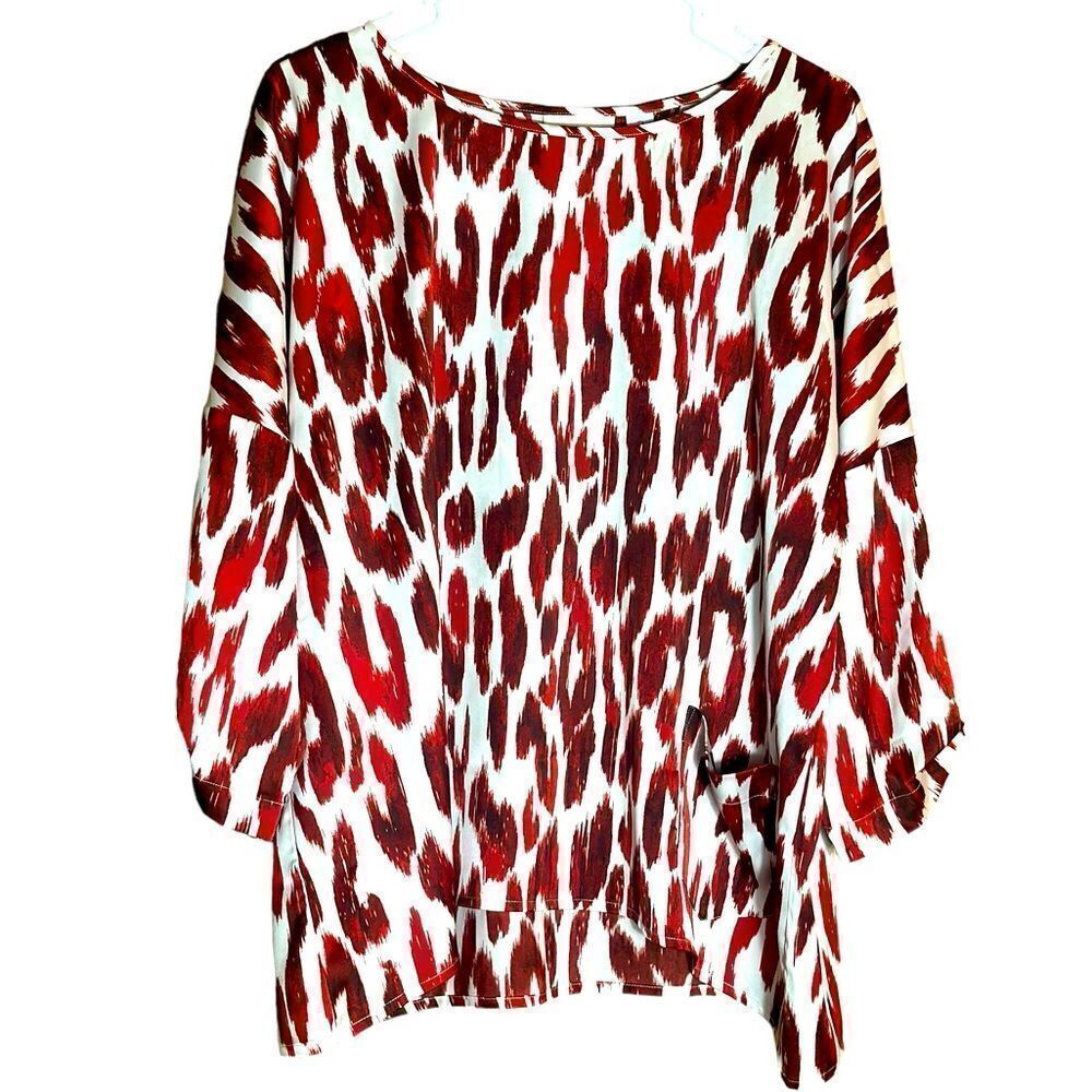 NWT Chico’s Trav Coll Ikat Animal Alice 3/4 Sleeve Scarlet Sun Top Size‎ 2 📦